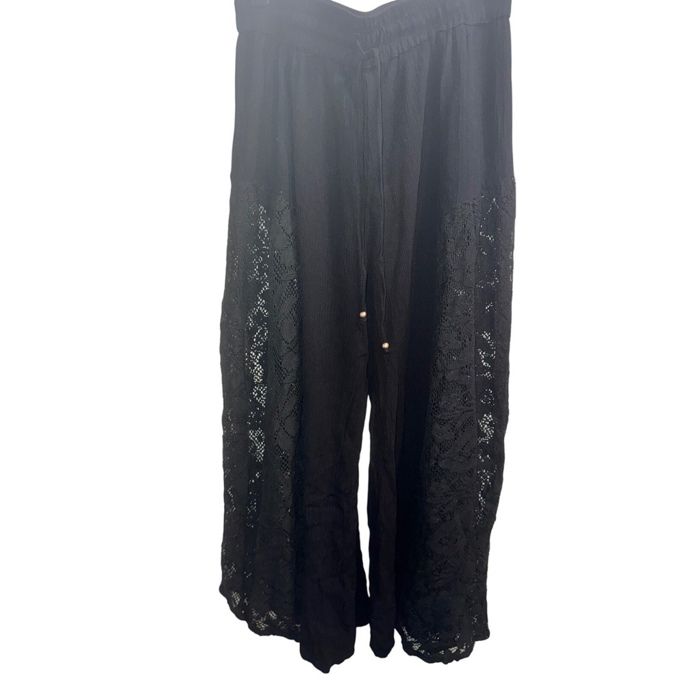 Angie Black Wide Leg Lace Panel Gauze Boho Pants Large Beach